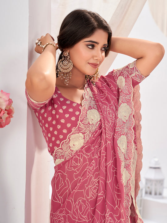 Pink Georgette Saree With Blouse Piece Pink Georgette Saree With Blouse Piece