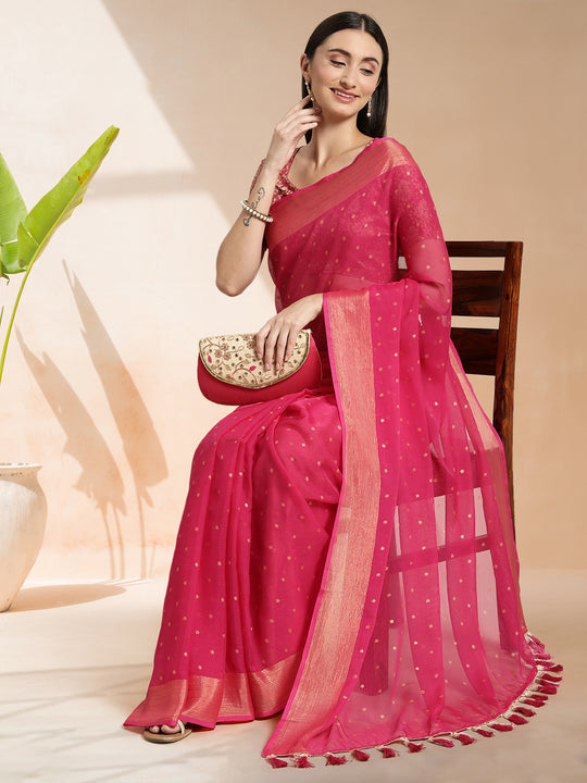 Fuchsia Chiffon Ready To Wear Saree With Blouse Piece Fuchsia Chiffon Ready To Wear Saree With Blouse Piece