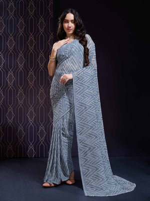 Grey Georgette Swarovski Stone Embellished Printed Saree With Blouse Piece