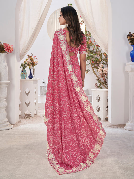Pink Georgette Saree With Blouse Piece Pink Georgette Saree With Blouse Piece