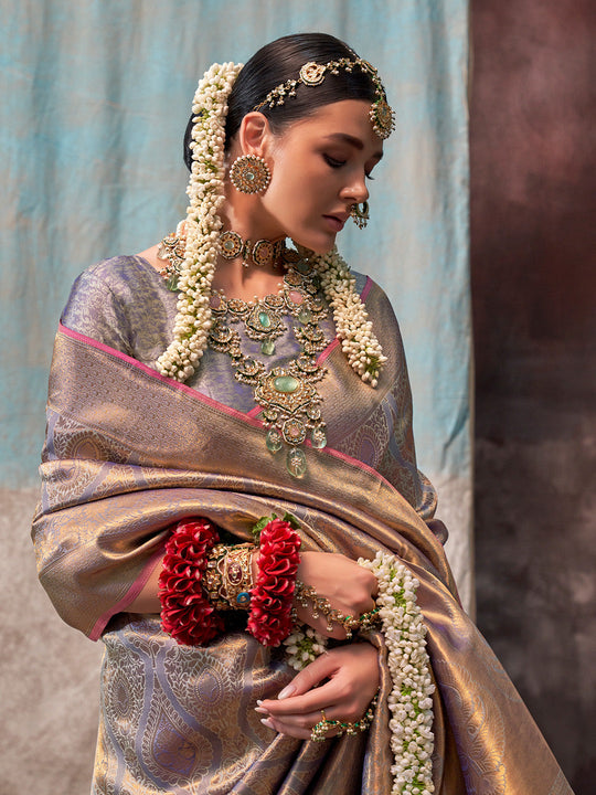Grey Kanjivaram Silk Saree With Blouse Piece Grey Kanjivaram Silk Saree With Blouse Piece