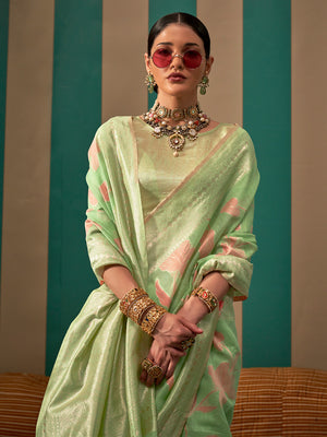 Green Party Wear Linen Blend Saree With Blouse Piece