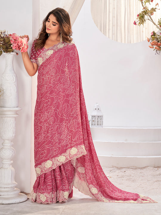 Pink Georgette Saree With Blouse Piece Pink Georgette Saree With Blouse Piece