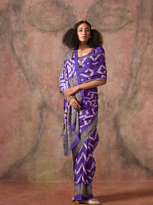 Purple Ajarakh Print Satin Georgette Saree With Blouse Piece