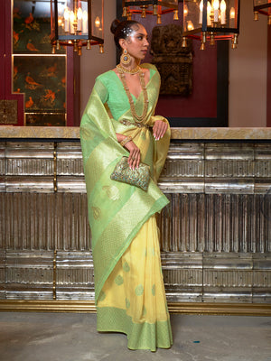 Yellow Linen Blend Silk Saree With Blouse Piece