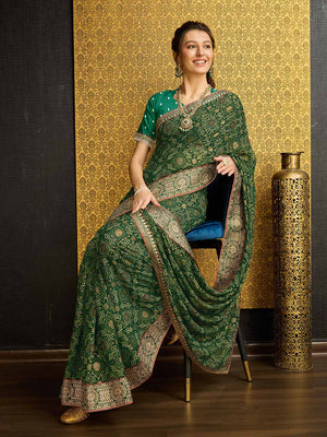 Olive Georgette Daily Wear Saree With Blouse Piece