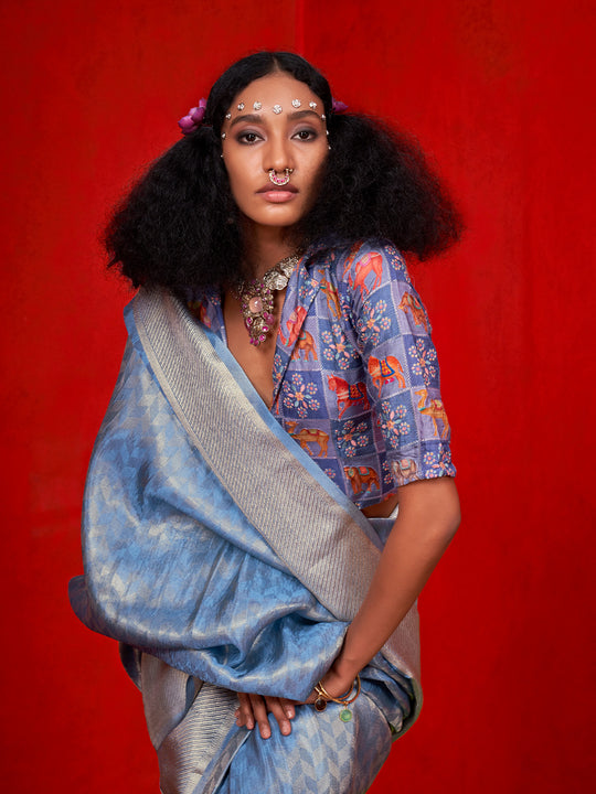 Blue Pure Self Zari Tissue Handloom Silk Saree With Blouse Piece Blue Pure Self Zari Tissue Handloom Silk Saree With Blouse Piece