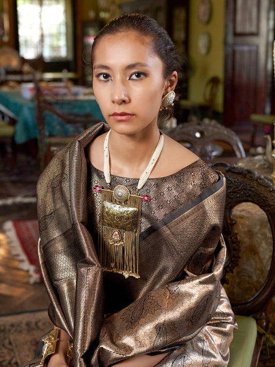 Copper Handwoven Kanjivaram Silk Saree With Blouse Piece Copper Handwoven Kanjivaram Silk Saree With Blouse Piece