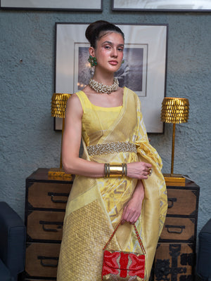 Yellow Linen Blend Saree With Blouse Piece