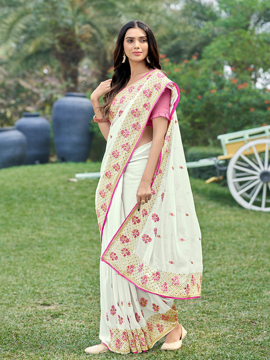 White Georgette silk Saree With Blouse Piece White Georgette silk Saree With Blouse Piece