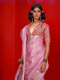 Pink Pure Self Zari Tissue Handloom Silk Saree With Blouse Piece Pink Pure Self Zari Tissue Handloom Silk Saree With Blouse Piece