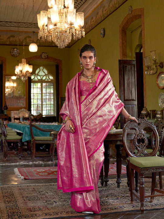 Pink Handwoven Kanjivaram Silk Saree With Blouse Piece Pink Handwoven Kanjivaram Silk Saree With Blouse Piece