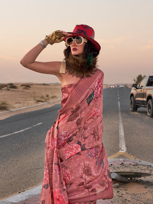 Pink Printed Linen Blend Saree With Blouse Piece