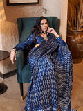 Blue Printed Satin Saree With Blouse Piece Blue Printed Satin Saree With Blouse Piece