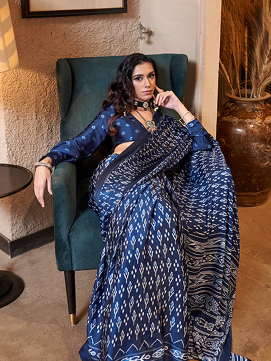 Blue Printed Satin Saree With Blouse Piece Blue Printed Satin Saree With Blouse Piece