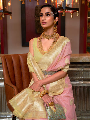 Pink Linen Blend Silk Saree With Blouse Piece