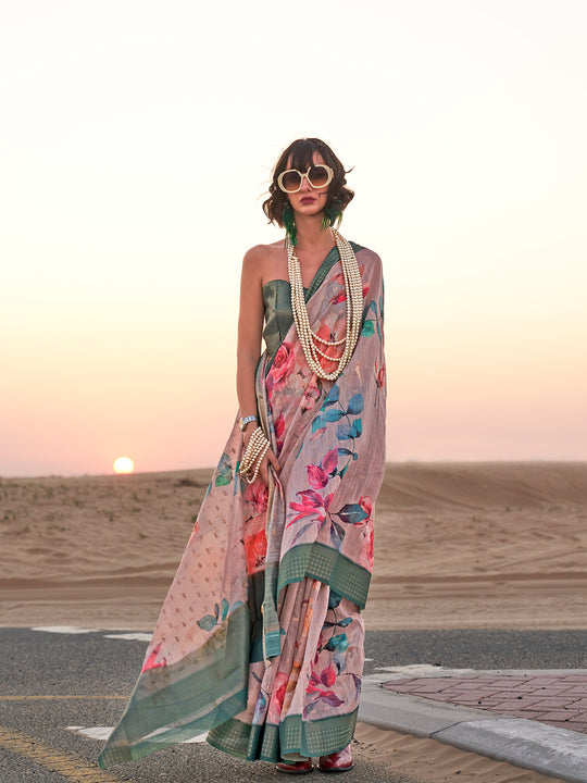 Pink Printed Linen Blend Saree With Blouse Piece Pink Printed Linen Blend Saree With Blouse Piece