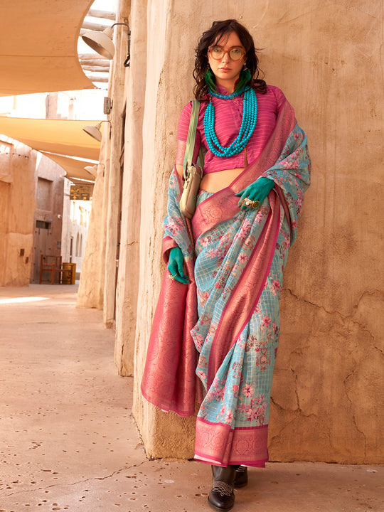 Blue Georgette Printed Saree With Blouse Piece Blue Georgette Printed Saree With Blouse Piece