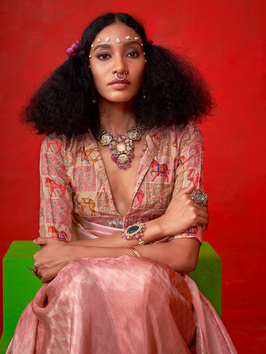 Skin Pink Pure Self Zari Tissue Handloom Silk Saree With Blouse Piece Skin Pink Pure Self Zari Tissue Handloom Silk Saree With Blouse Piece