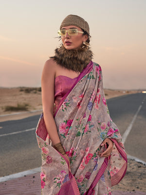 Grey Printed Linen Blend Saree With Blouse Piece