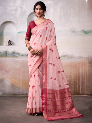 Pink Modal Cotton Saree With Blouse Piece