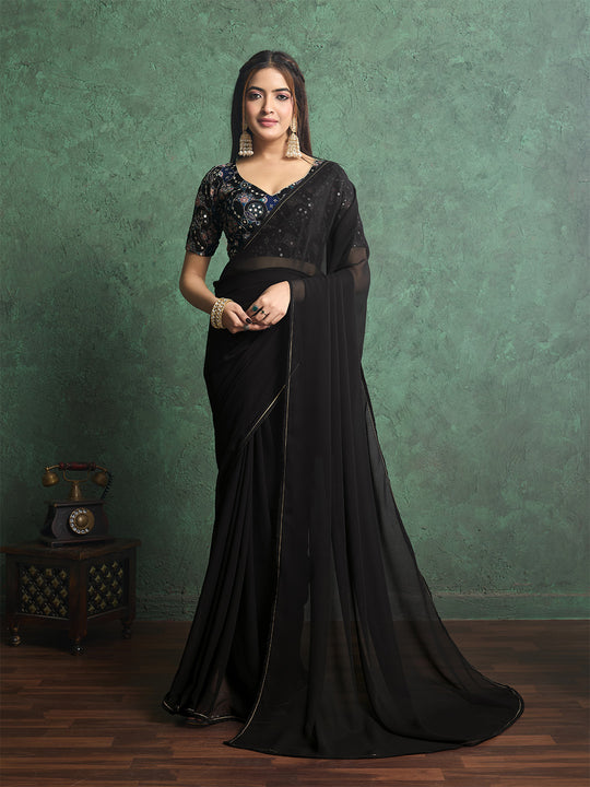 Poly Chiffon Dyed Saree With Heavy Embroidered Blouse Piece Poly Chiffon Dyed Saree With Heavy Embroidered Blouse Piece