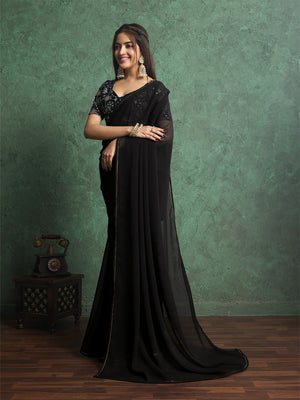 Poly Chiffon Dyed Saree With Heavy Embroidered Blouse Piece