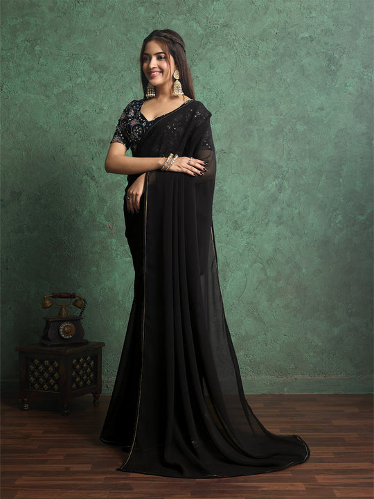 Poly Chiffon Dyed Saree With Heavy Embroidered Blouse Piece Poly Chiffon Dyed Saree With Heavy Embroidered Blouse Piece