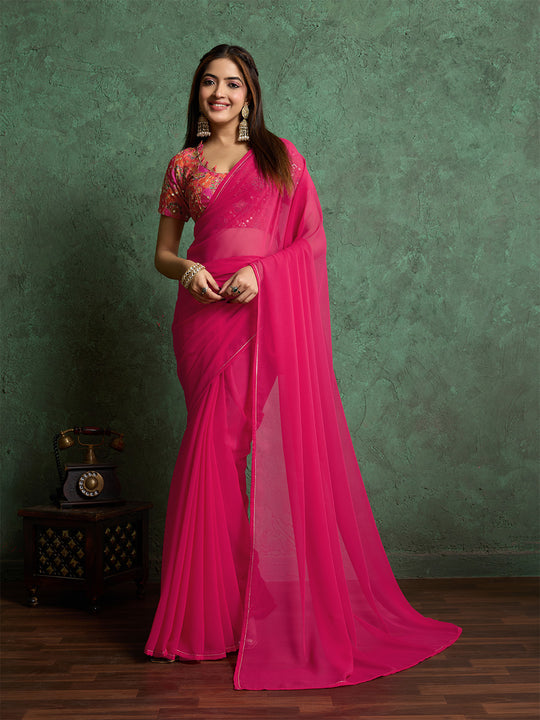 Poly Chiffon Dyed Saree With Heavy Embroidered Blouse Piece Poly Chiffon Dyed Saree With Heavy Embroidered Blouse Piece