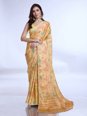 Light Yellow  Poly Chiffon Festive Wear Saree With Blouse Piecde
