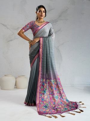 Pure Chiffon Digital Printed Woven Saree With Woven Border And Fancy Tassels