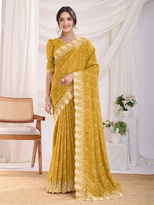 Yellow Poly Georgette Festive Wear Saree With Blouse Piece