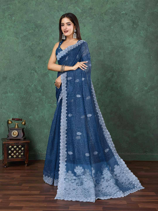 Indigoblue Cotton Banarasi Printed Saree With Thread Embroidery Scalloping  Saree With Blouse Piece Indigoblue Cotton Banarasi Printed Saree With Thread Embroidery Scalloping  Saree With Blouse Piece