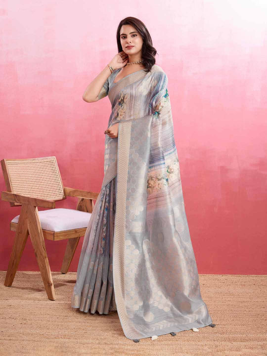 Grey Cotton Banarasi Woven Rich Pallu Printed Saree With Blouse Piece Grey Cotton Banarasi Woven Rich Pallu Printed Saree With Blouse Piece