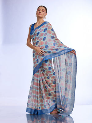 Blue Linen Blend Saree With Blouse Piece