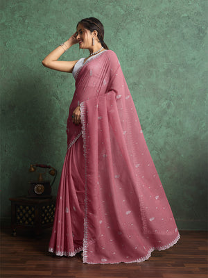 Pure Georgette Solid Embroidered Saree With Scalloping And Fancy Blouse