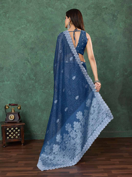 Indigoblue Cotton Banarasi Printed Saree With Thread Embroidery Scalloping  Saree With Blouse Piece Indigoblue Cotton Banarasi Printed Saree With Thread Embroidery Scalloping  Saree With Blouse Piece