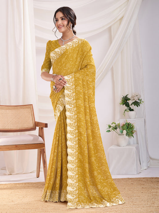 Yellow Poly Georgette Festive Wear Saree With Blouse Piece Yellow Poly Georgette Festive Wear Saree With Blouse Piece
