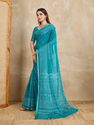 Pure Chiffon Bandhani Printed Saree With Viscose Woven Border And Blouse Piece