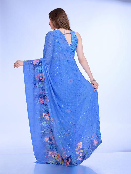 Blue Poly Chiffon Festival Saree With Blouse Piece Blue Poly Chiffon Festival Saree With Blouse Piece