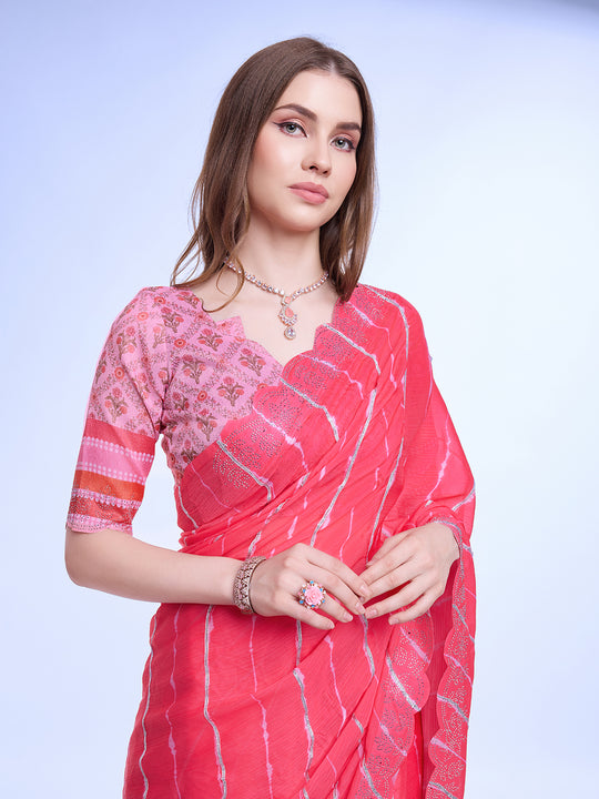 Pink Poly Chiffon Festival Saree With Blouse Piece Pink Poly Chiffon Festival Saree With Blouse Piece