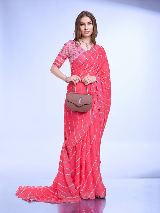 Pink Poly Chiffon Festival Saree With Blouse Piece Pink Poly Chiffon Festival Saree With Blouse Piece