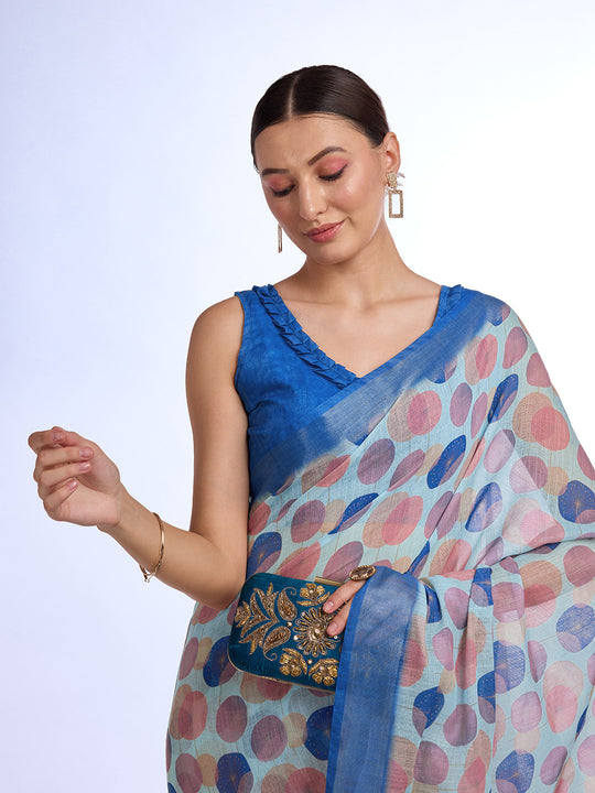 Blue Linen Blend Saree With Blouse Piece Blue Linen Blend Saree With Blouse Piece