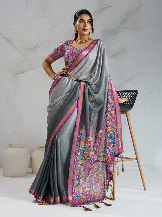 Pure Chiffon Digital Printed Woven Saree With Woven Border And Fancy Tassels Pure Chiffon Digital Printed Woven Saree With Woven Border And Fancy Tassels