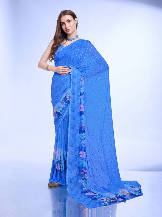 Blue Poly Chiffon Festival Saree With Blouse Piece Blue Poly Chiffon Festival Saree With Blouse Piece