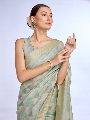 Green Tissue Linen Blend Saree With Blouse Piece
