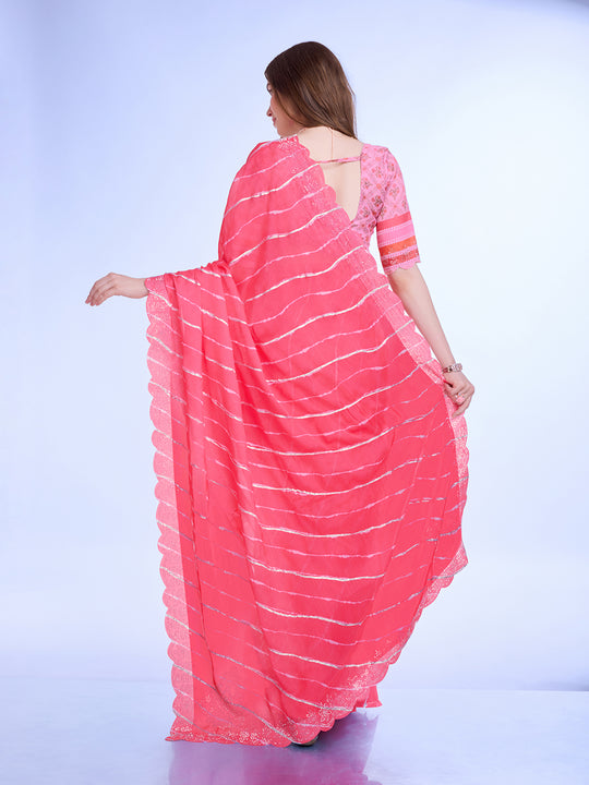 Pink Poly Chiffon Festival Saree With Blouse Piece Pink Poly Chiffon Festival Saree With Blouse Piece