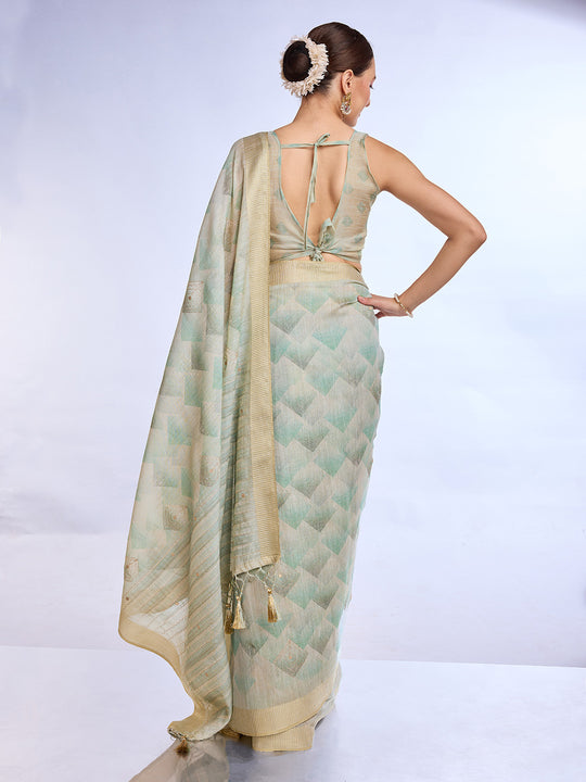 Green Tissue Linen Blend Saree With Blouse Piece Green Tissue Linen Blend Saree With Blouse Piece