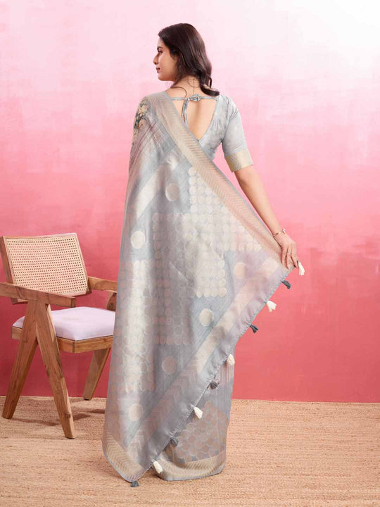 Grey Cotton Banarasi Woven Rich Pallu Printed Saree With Blouse Piece Grey Cotton Banarasi Woven Rich Pallu Printed Saree With Blouse Piece