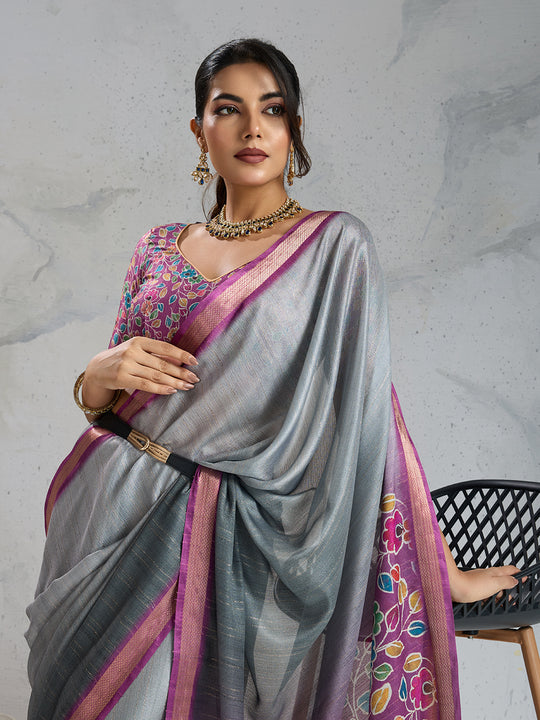 Pure Chiffon Digital Printed Woven Saree With Woven Border And Fancy Tassels Pure Chiffon Digital Printed Woven Saree With Woven Border And Fancy Tassels